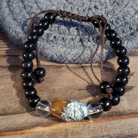 Tibetan Moss Agate Black Beads Gemstone Bracelet - Picture 3 of 6